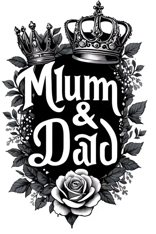 mum & dad wording with crowns and roses tattoo design idea