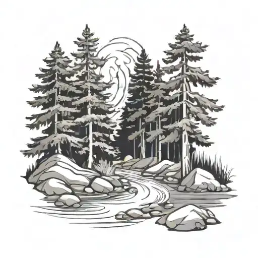 pine trees and stream tattoo design idea