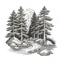 pine trees and stream tattoo design idea