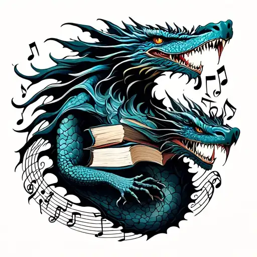 An intricate design of a music staff weaving through scenes from favorite fantasy books, like a dragon breathing musical notes, in a neotraditional style tattoo design idea