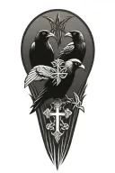 crow family crest with 2 large crows and 4 small crows with celtic cross tattoo design idea