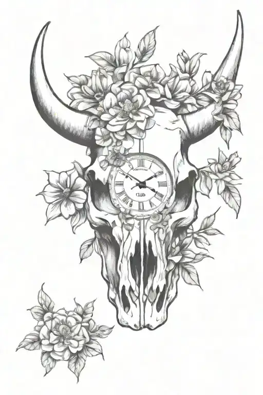 Bull skull with May flowers and a clock tattoo design idea