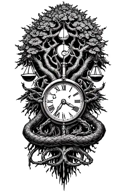 midevil harley v-twin, tree of life, libra scales, time clock tattoo design idea
