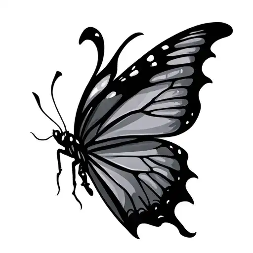 The butterfly is graceful, black-gray and stylized with flame-like, smooth wings. The upper wings are wide tattoo design idea
