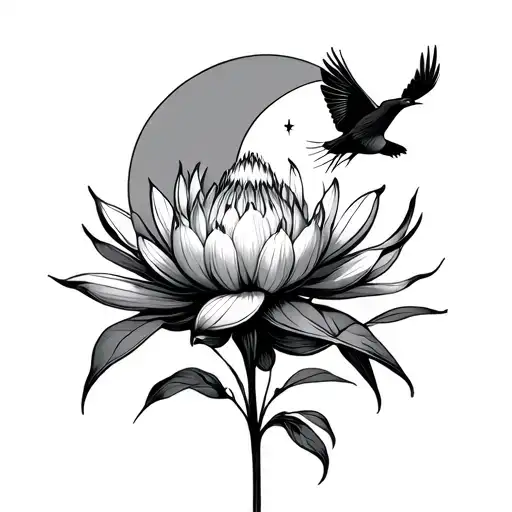 A single-line wildflower (like a protea) 🌸A crescent moon 🌙A small flame or spark 🔥Three fine birds in flight  tattoo design idea