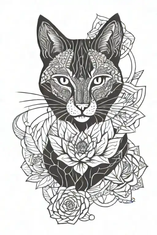 mandala cat lotus flower large black tattoo design idea