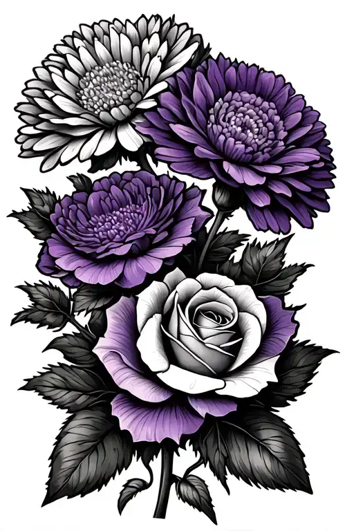 a tattoo of chrysanthemum,violet, carnation, rose flowers together with bob wire wrapped around the stems, western theme tattoo design idea