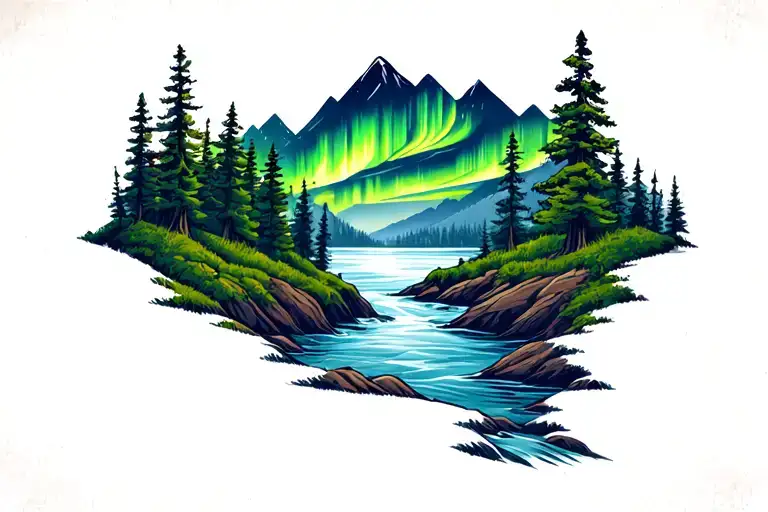 northern lights mountains trees river tattoo design idea
