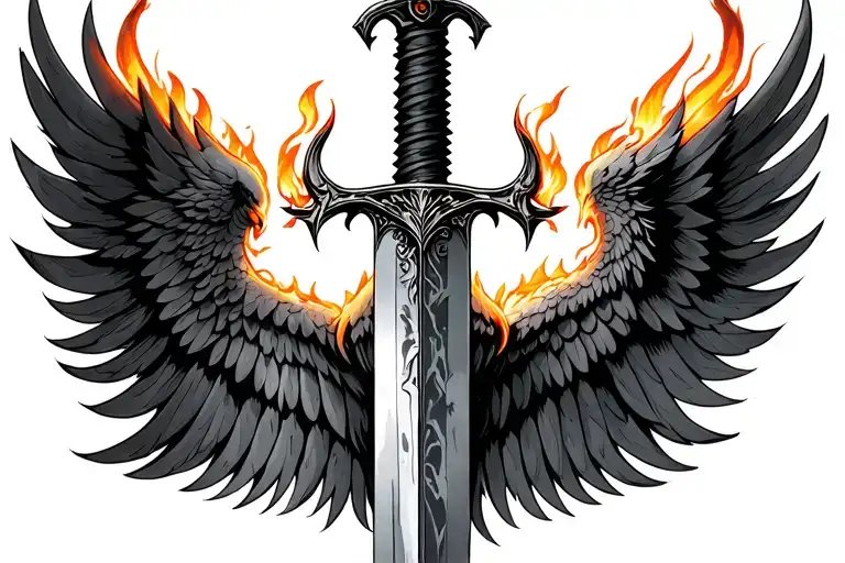 flaming sword with phoenix wings spread wide tattoo design idea