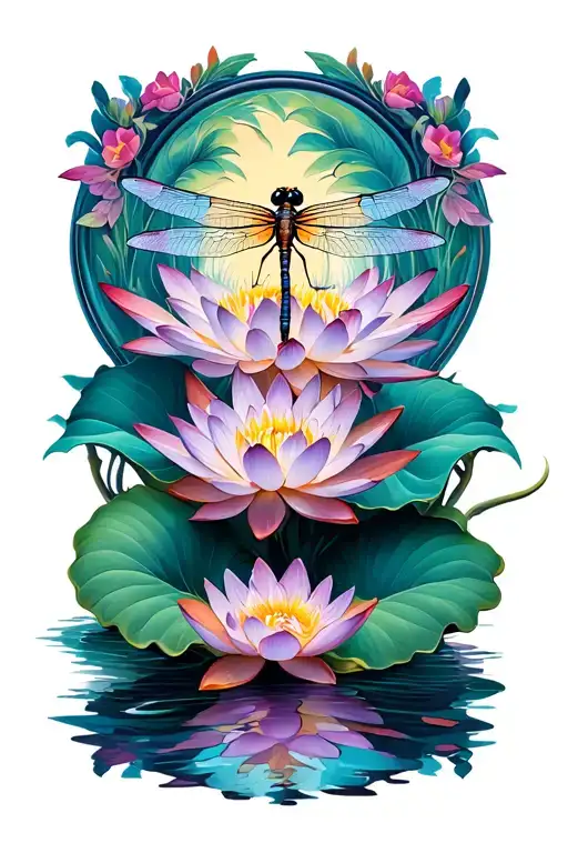lotus flower with dragonfly perched tattoo design idea