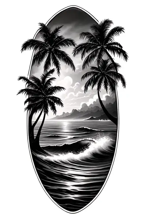 palm trees and waves tattoo design idea