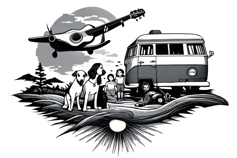 make a single line tattoo with in it a dog, a guitar, a small plane, a campervan, a woman, two kids and a sun tattoo design idea