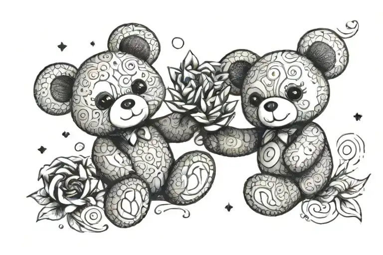 Two teddy bears holding hands holding in their other hands pinwheels  tattoo design idea