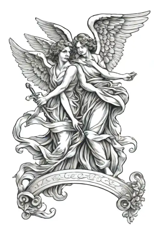 two angels holding scroll tattoo design idea