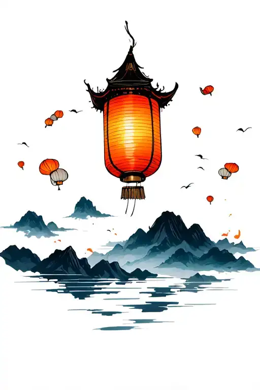 paper lanterns flying in the sky tattoo design idea