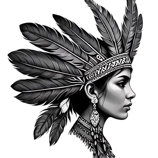 chichimeca female head wearing feather headdress tattoo design idea