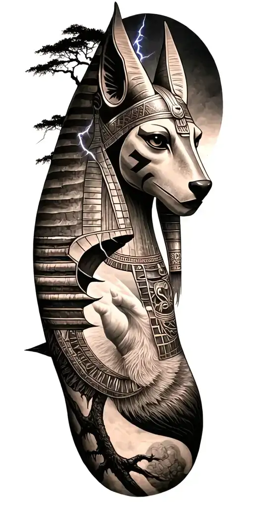 viking rume and Anubis and tree and lightning bolt Featuring Anubis and Fusion Of Inka And Egyptian Symbolism tattoo design idea