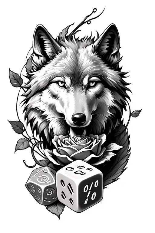 20 sided dice, rose intwined, wolf print, dragon emerging, time tattoo design idea