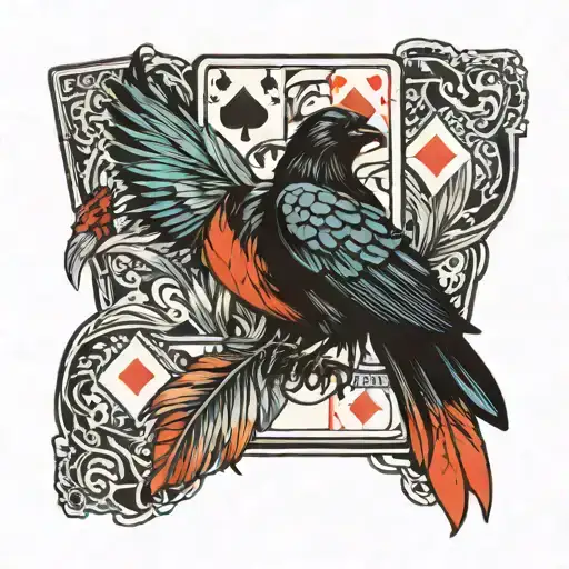 crow feathers falling along with playing cards  tattoo design idea