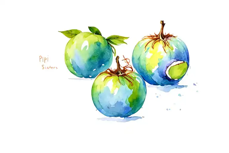 3 sisters, elements: gooseberries, coconut and earth, pipi longstocking tattoo design idea