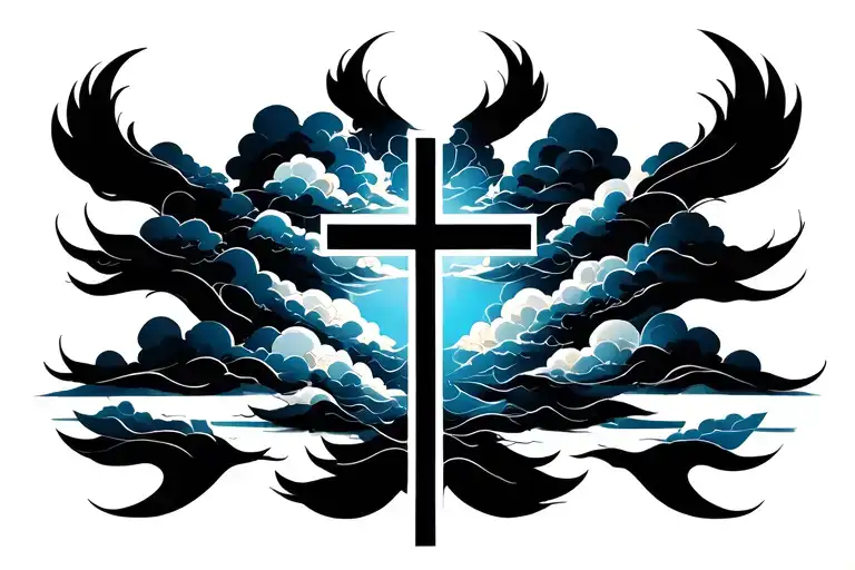 Christian Cross with clouds tattoo design idea