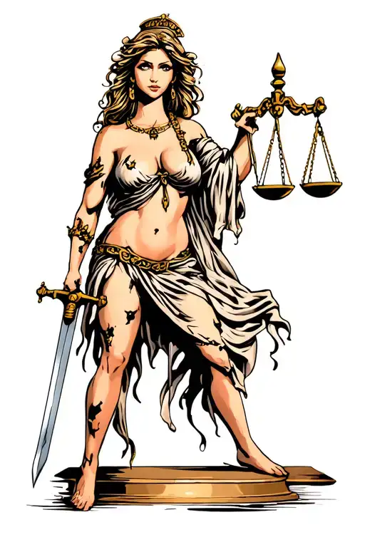 lady justice (holding scales and sword) cartoon high quality realistic, torn clothes tattoo design idea