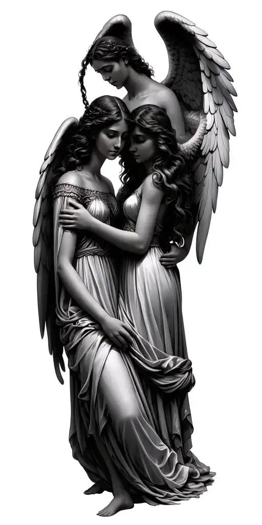 male angel looking over two sisters tattoo design idea
