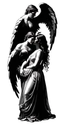 male angel looking over two sisters tattoo design idea