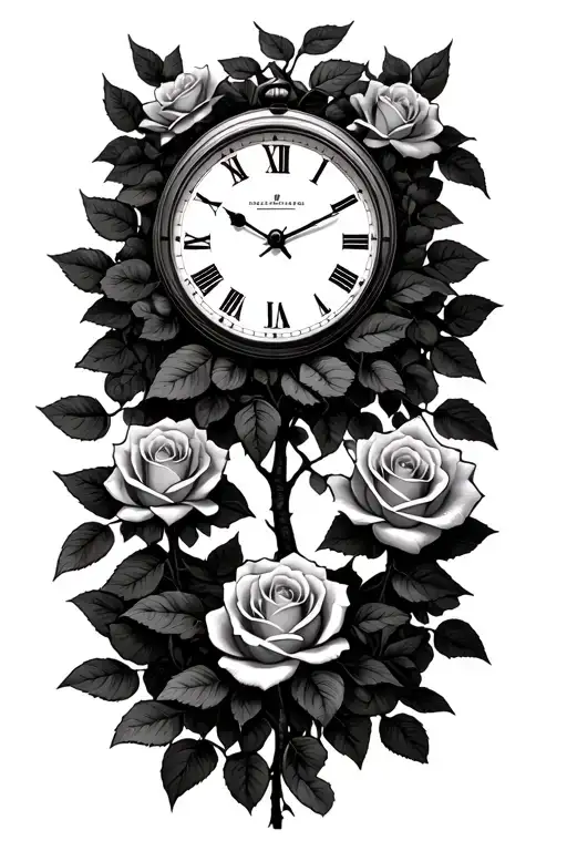 time is money, tree growth time clock money rose growing tattoo design idea
