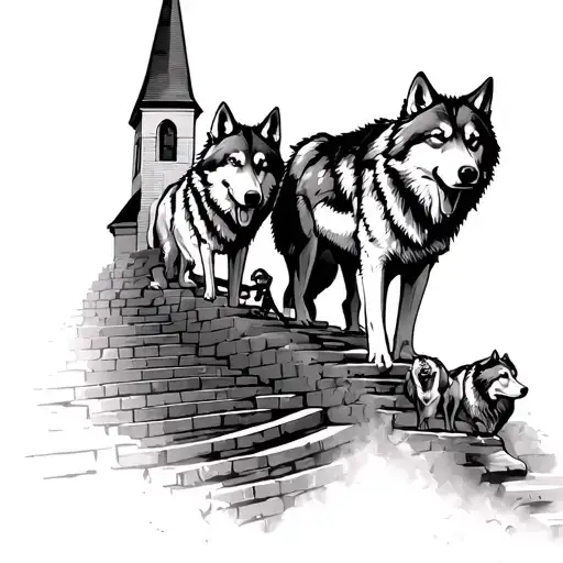 generate me a picture where three wolfs are looking on a church while climbing the stairs tattoo design idea