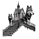 generate me a picture where three wolfs are looking on a church while climbing the stairs tattoo design idea