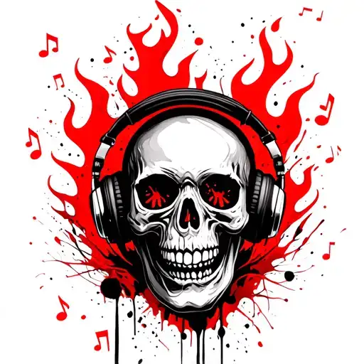 skull wearing headphones surrounded by fire shaped music notes tattoo design idea