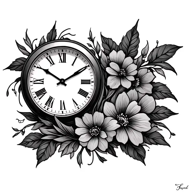 clock with Christian aspects and flowers  tattoo design idea