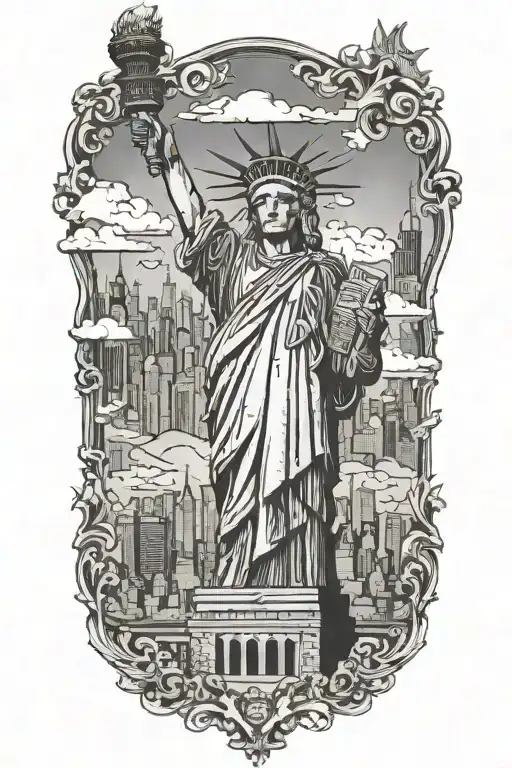 nyc skyline with statue of liberty face gotham inspired tattoo design idea