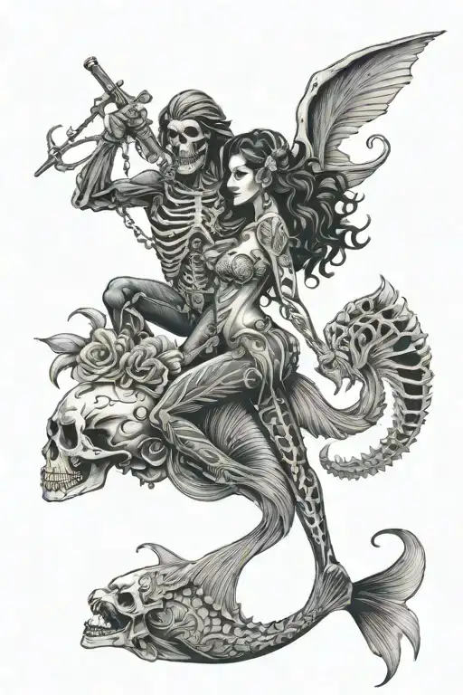 diver and mermaid in skeleton holding tattoo design idea