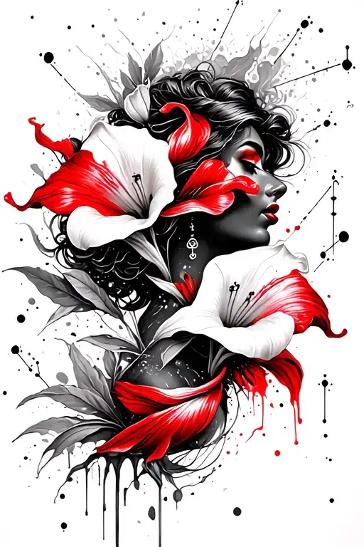 pisces constellation, calla lily & black woman intertwined tattoo design idea