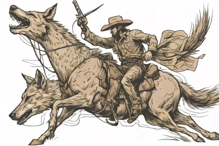 cowboy riding a horse fighting coyotes  tattoo design idea