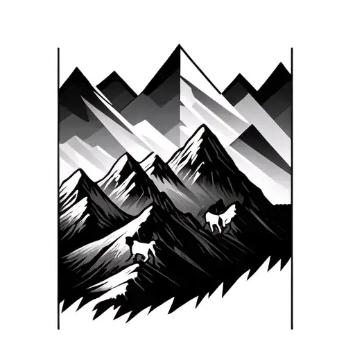 A geometric mountain range with a silhouette of a dog hiking up the peaks tattoo design idea