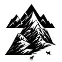 A geometric mountain range with a silhouette of a dog hiking up the peaks tattoo design idea