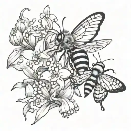 bee & butterfly with Lily of the valley tattoo design idea