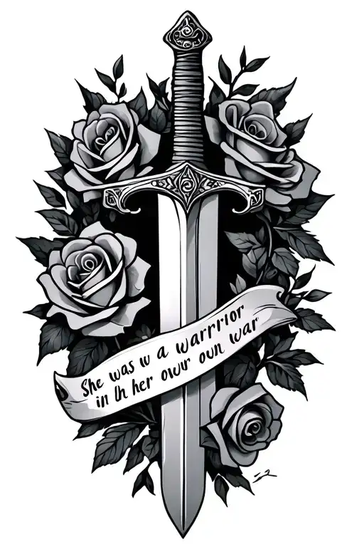 sword with roses around it . the words "she was a warrior in her own war" on the blade tattoo design idea