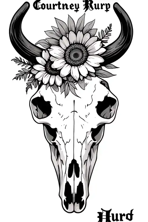 "Rip Courtney Hurry " highlander cow skull with sun flowers intertwined tattoo design idea