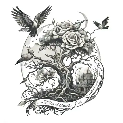 poison tree with birds and a moon and a good bible verse  tattoo design idea