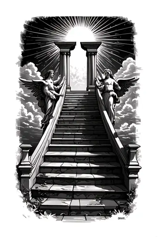 stairway to heaven walking up stairs angels sun rays clouds heaven gate at the top of the stairs  tattoo design idea