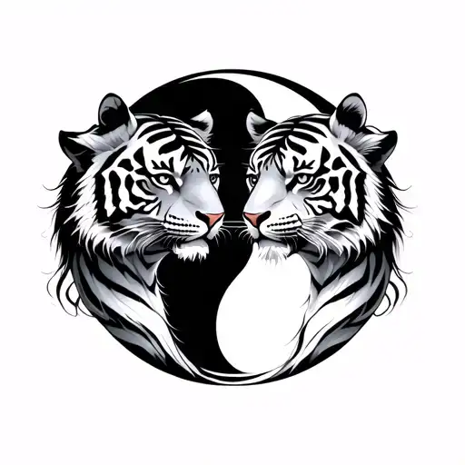A minimalist black and white vector illustration of two Japanese-style tigers forming a perfect Yin Yang circle. The tig tattoo design idea
