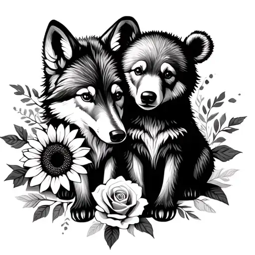 baby wolf and baby bear sitting with sunflowers and roses  tattoo design idea