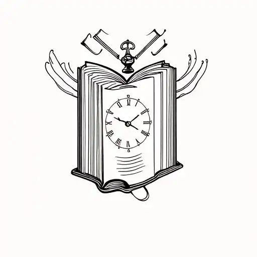 An intricate design of an open book with clock hands emerging from the pages, symbolizing the passage of time tattoo design idea