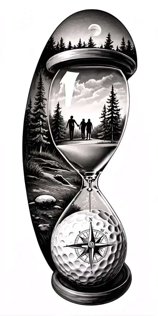 family and forest and hour glass and compass golf course golf ball tattoo design idea