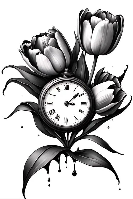 tulips and small clock melting tattoo design idea