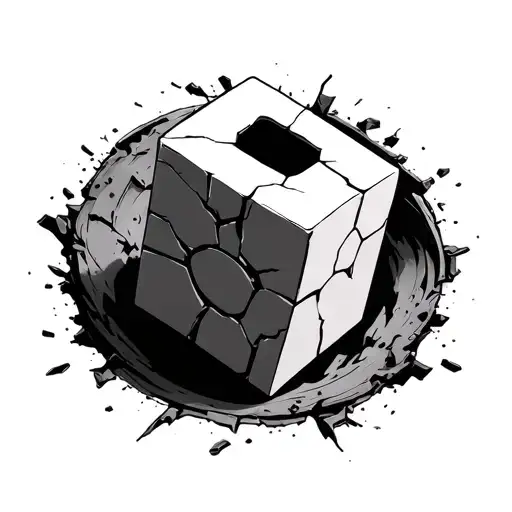 “A three-dimensional cube, slightly tilted, stuck halfway inside a circular hole. The hole has visible cracks around its tattoo design idea